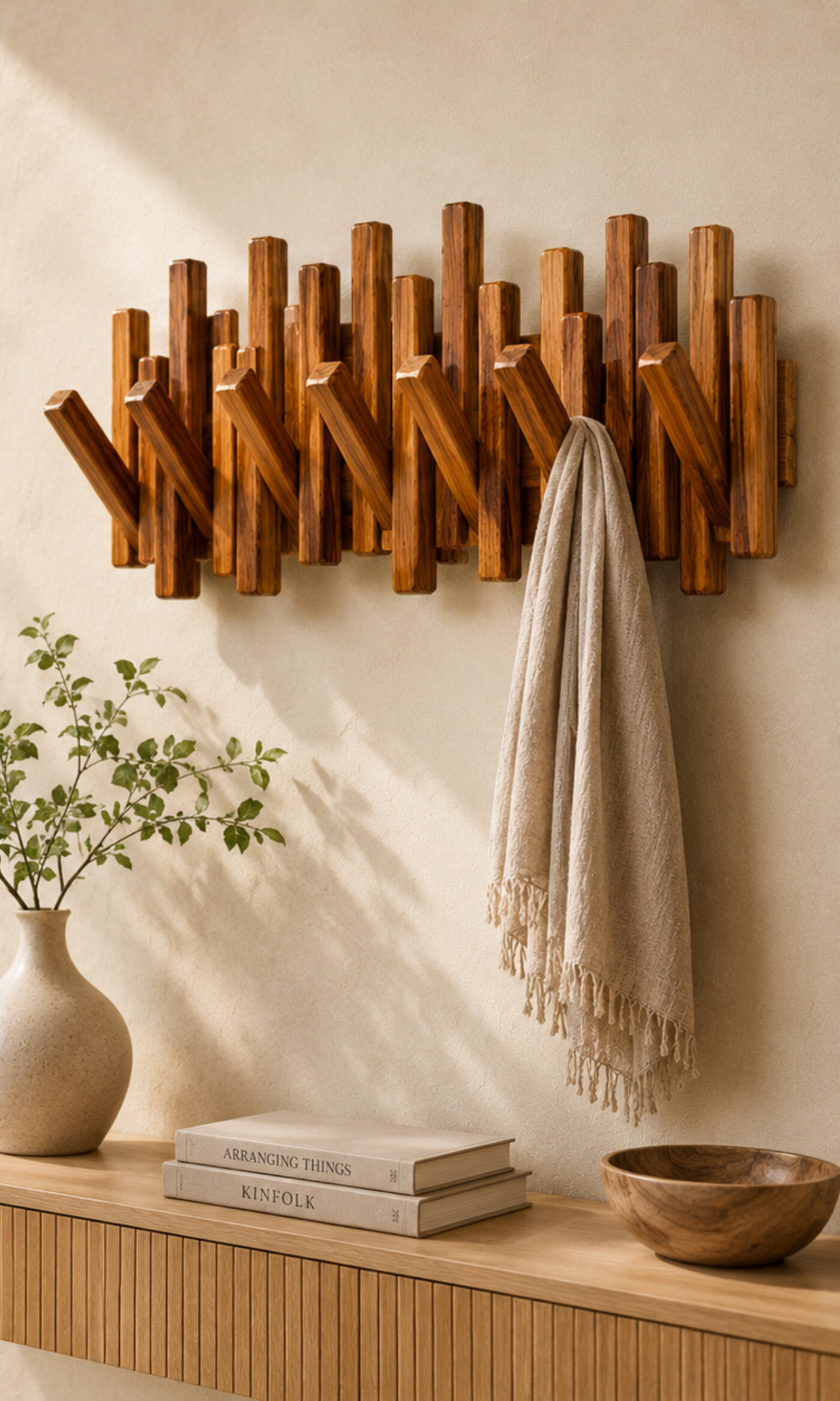 Sculptural solid wood wall hook rack in a sunlit entryway